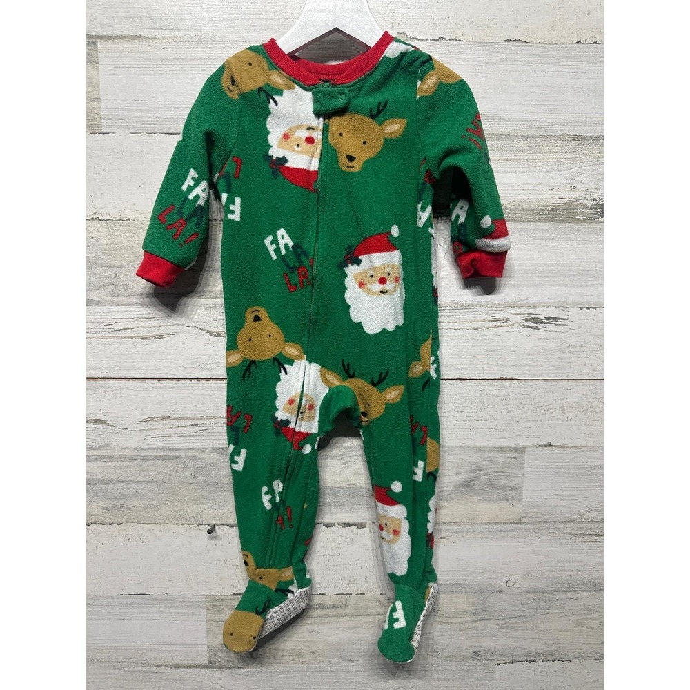 Carter's Footed Pajamas Boy 18M Green Santa Reindeer Fleece Holiday EUC